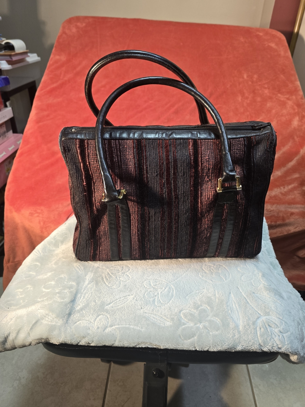 Lou Taylor Striped Burgundy and Black Women's Satchel